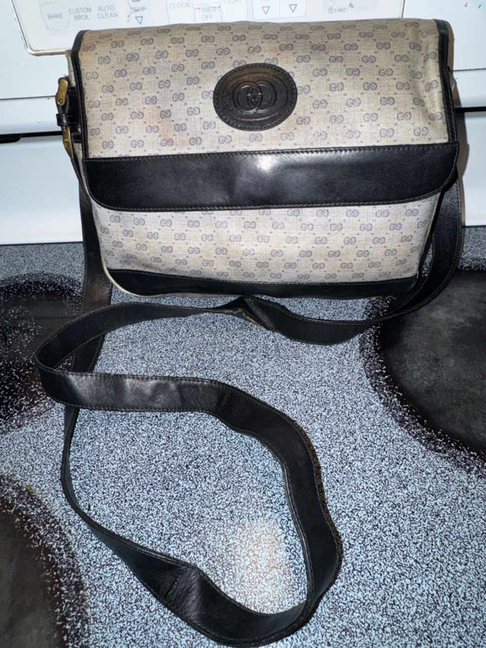VTG Gucci Micro GG Logo Canvas & Navy Leather Crossbody Shoulder Bag - Picture 8 of 12